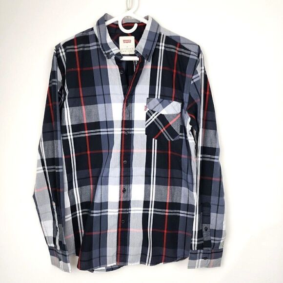 Levi's Black Gray Plaid Long Sleeve Cotton Button Down Shirt Pocket Mens M - Picture 1 of 4